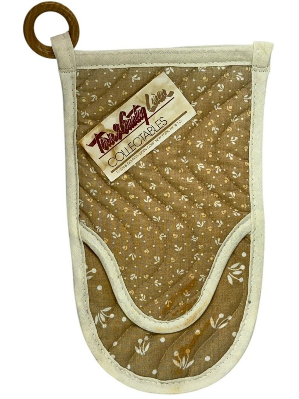 Vintage Town & Country Linen Oven Mitt Pot Holder Wood Ring Floral Cottagecore
